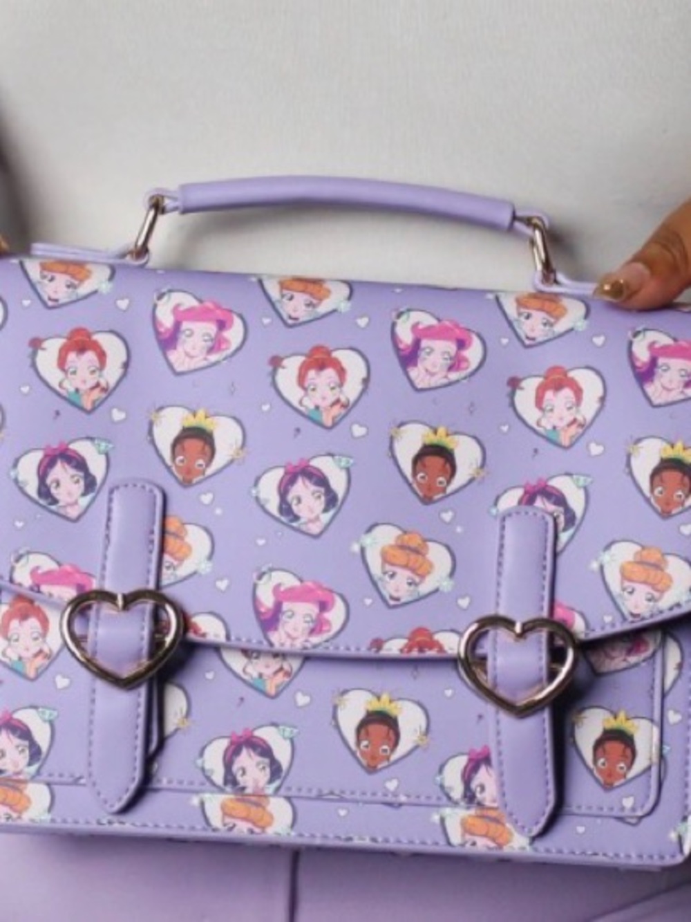 Lilac Heart-Print Crossbody Satchel with Heart Buckles